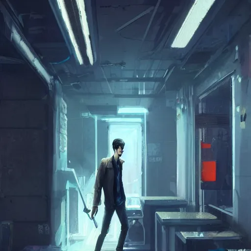 Image similar to concept art by greg rutkowski, a very tall and slender young man walking through the interior of a brutalist looking neighborhood full of holograms and shops while he smokes a cigarette, ambient lighting in neon tones, scifi, highly detailed portrait, digital painting, artstation, concept art, smooth, sharp foccus ilustration, artstation hq