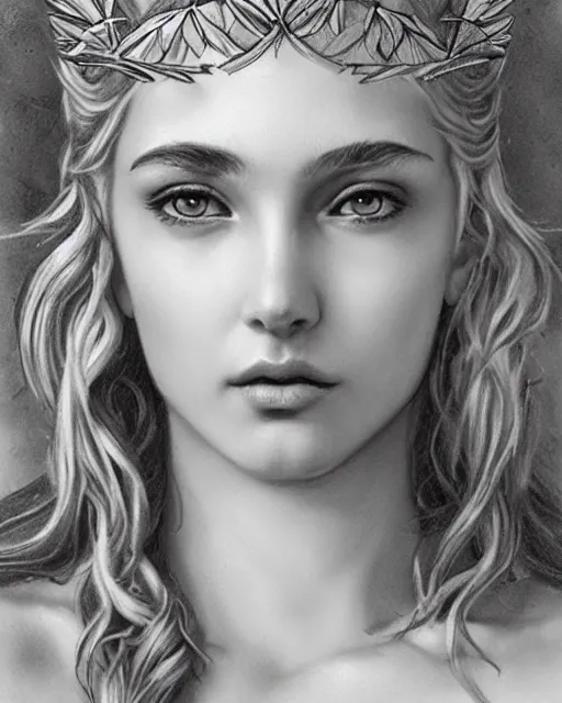 Image similar to beautiful aphrodite greek goddess wearing a golden laurel wreath and arrowhead earrings, hyper - realistic tattoo sketch, beautiful piercing eyes with sharp pupils, beautiful blonde hair, in the style of greg rutkowski, fantasy, amazing detail, epic, elegant, smooth, sharp focus