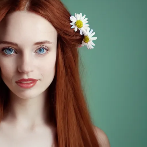Prompt: a closeup portrait of slim, young woman, long straight red hair, holding a bouquet of daisies, she is looking down, soft mint green backdrop