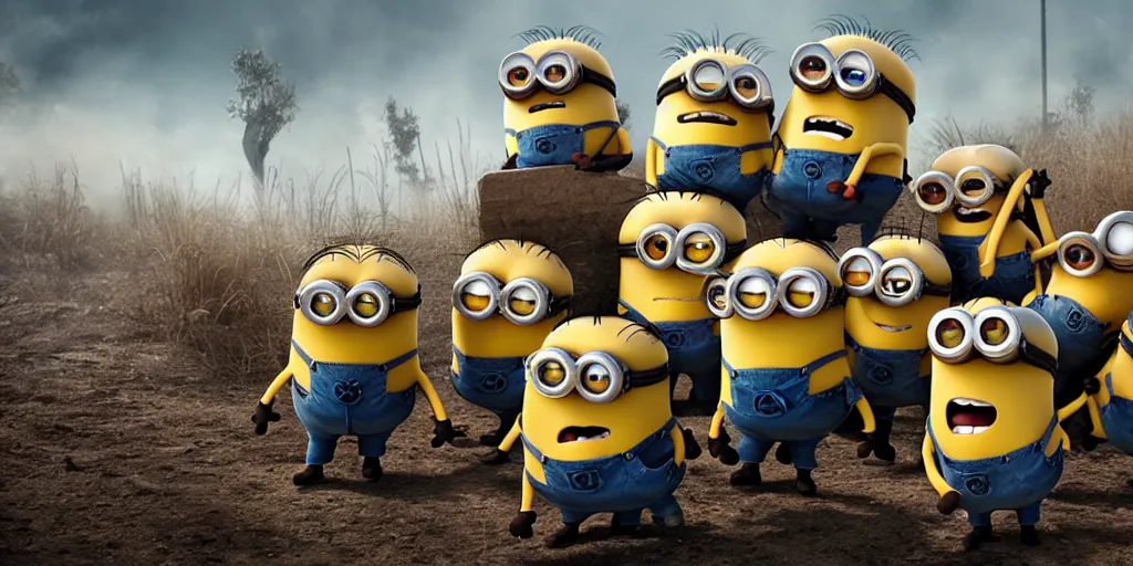 Image similar to minions taking over the world, post-apocalyptic, cinematic, 8k UHD