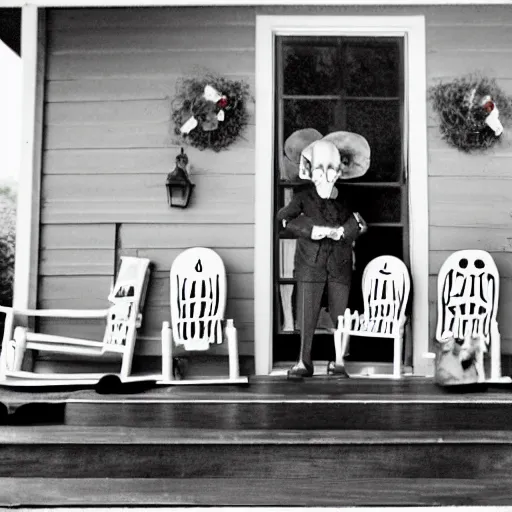 Prompt: tiny old man and his giant tall frightening skeleton wife sit in rocking chairs on on the porch of their house, 8mm photography