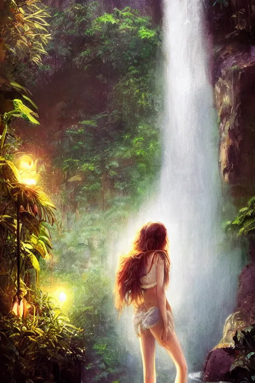 Image similar to portrait of bohemian girl in the jungle by a waterfall, staring directly into camera, intricate, elegant, glowing lights, highly detailed, digital painting, artstation, sharp focus, illustration, art by wlop, mars ravelo and greg rutkowski