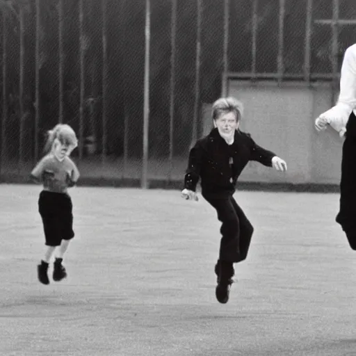 Prompt: david bowie goes skipping in a school playground