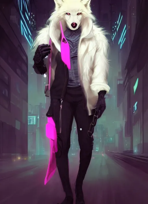 Image similar to award winning beautiful portrait commission of a male furry anthro albino wolf fursona with a tail and a cute beautiful attractive detailed furry face wearing stylish black and pink cyberpunk clothes in a cyberpunk city at night while it rains. Character design by charlie bowater, ross tran, artgerm, and makoto shinkai, detailed, inked, western comic book art