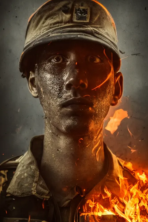 Image similar to portrait of a lost soldier with eyes of sorrow standing Infront of a burning building. Realism. V-Ray. 8K. Photography. Sad. Moody. Emotional.