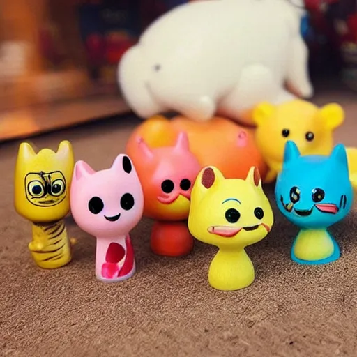 Image similar to some cute plastic toys that look like animal characters, sunset colors