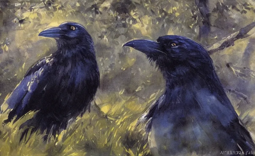 Prompt: oil painting by anders zorn, closeup crow in forest, very very very very beautiful art, dramatic light, strong shadows, shiny blue black feathers