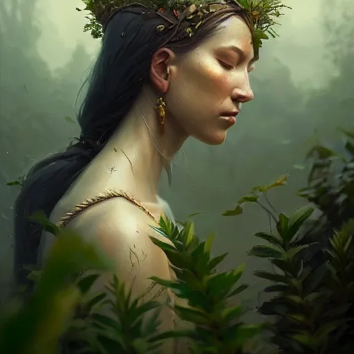 Image similar to a beautiful portrait of a plant goddess with closed eyes by Greg Rutkowski and Raymond Swanland, Trending on Artstation, ultra realistic digital art