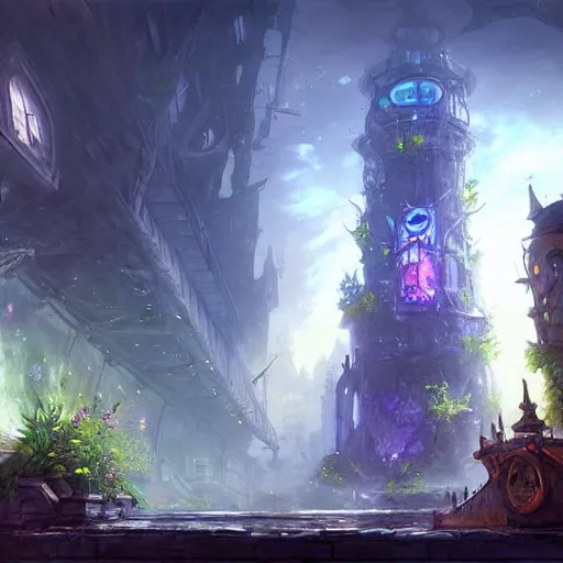 Prompt: a giant fish tank shaped like a tower in the middle of a city, godray on plants, fantasy digital art, fantasy style art, fantasy hearthstone art style, fantasy game art by greg rutkowski, darksouls concept art