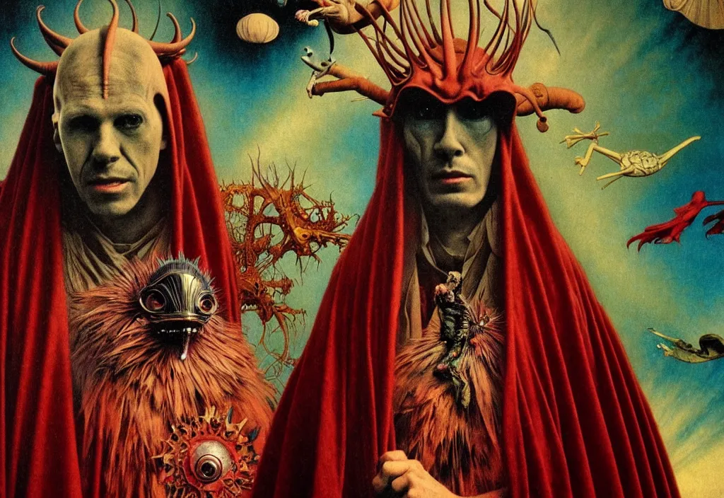 Image similar to realistic detailed portrait movie still of a birdman wearing dark robe, sci fi landscape background by denis villeneuve, amano, yves tanguy, alphonse mucha, ernst haeckel, max ernst, roger dean, masterpiece, rich moody colours, snarling dog teeth