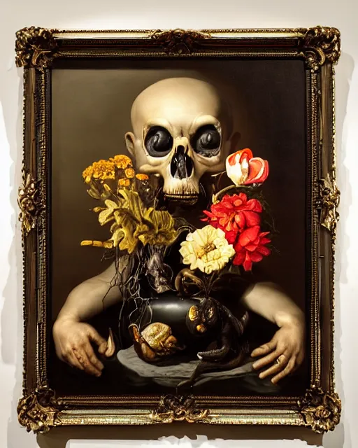 Image similar to refined gorgeous blended oil painting with black background by christian rex van minnen rachel ruysch dali todd schorr of a chiaroscuro portrait of an extremely bizarre disturbing mutated man made of still life flowers and rubber insects with shiny skin acne dutch golden age vanitas intense chiaroscuro cast shadows obscuring features dramatic lighting perfect symmetry perfect composition masterpiece