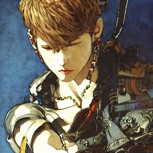 Image similar to portrait of a young white hero using his right arm to hold his sword covering his eye illustrated by yoji shinkawa, high quality, extra details, realism, ornate, colored, golden chain, blood, white skin, short hair, brown eyes, vivid, sunlight, red headband, black eyepatch, white american soldier, painting, cybernetics, military