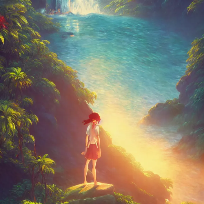 Image similar to an epic makoto shinkai and renoir landscape with a hawaiian waterfall, golden hour, 🌺, ultra smooth, octane render, lois van baarle, ilya kuvshinov