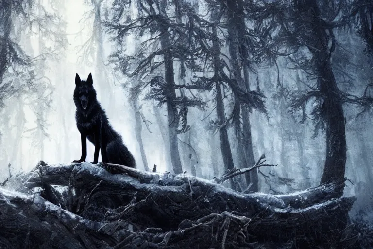 Image similar to a black wolf, standing on top of a fallen tree, winter forest, fantasy, greg rutkowski, cinematic, extremely detailed, dramatic lighting