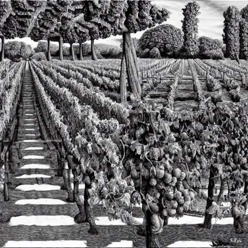 Image similar to Hyperrealism traditional austian vineyard work, painting by MC Escher