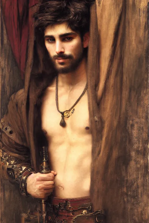 Prompt: attractive male, steampunk, cool tint, orientalist intricate portrait by john william waterhouse and edwin longsden long and theodore ralli and nasreddine dinet, hyper realism, dramatic lighting