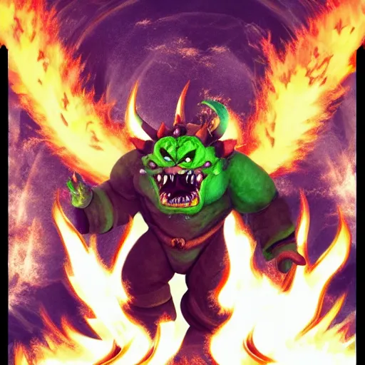 Image similar to https://i.ibb.co/7GjXpG9/evil-giga-bowser-by-bigboss0007-de3sr14-fullview.jpg GigaBowser Demon roaring into the sky breathing fire, muscular arms, standing upright, talons, horns, super Mario, horror, silent Hill landscape, highly detailed, ruined kingdom, Masahiro Ito