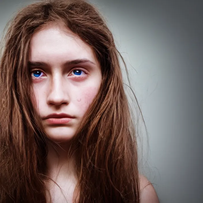 Image similar to Kodak Portra 400, 8K,low-key lighting, photographic extreme close-up face of a beautiful girl with clear eyes and brown hair , highly detailed, illuminated by a dramatic light, Low key lighting, high quality, photo-realistic.