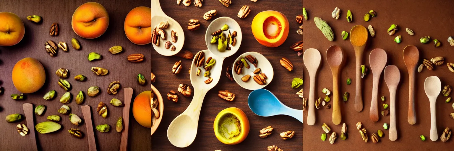 Prompt: hand crafted wooden spoons, apricot pistachio pecan mesquite, render, octane, 4k, highly detailed, vivid colors, high definition