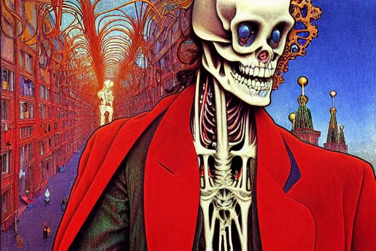 Image similar to realistic detailed closeup portrait painting of a single skeleton wearing red velvet blazer in a crowded futuristic moscow street by Jean Delville, Amano, Yves Tanguy, Alphonse Mucha, Ernst Haeckel, Edward Robert Hughes, Roger Dean, rich moody colours, blue eyes