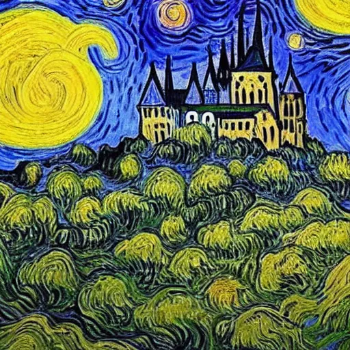 Prompt: beautiful gothic castle landscape in the style of Vincent Van gogh