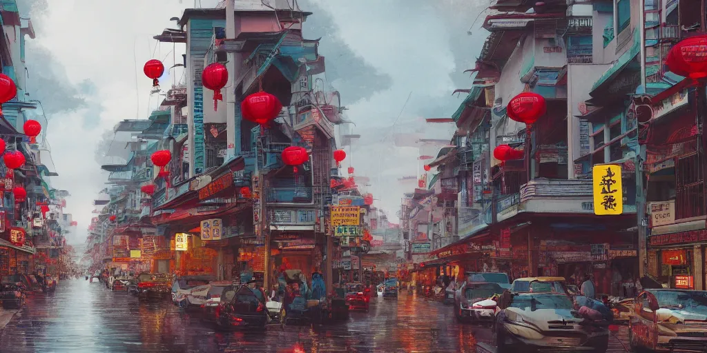 Prompt: a quiet petaling street in chinatown, kuala lumpur, pedestrians, cars, motorbikes, rainy day, matte painting, studio ghibli, artstation