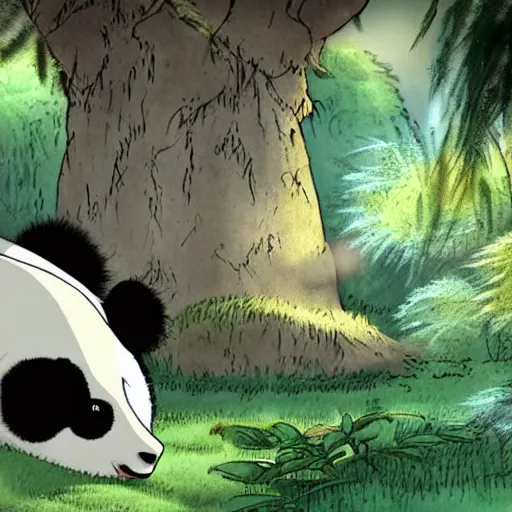 Image similar to a horse talking with a giant panda, studio ghibli style