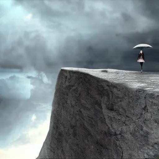 Prompt: Taylor Swift standing at the edge of a cliff, distant, stormy sky, concept art, 4k