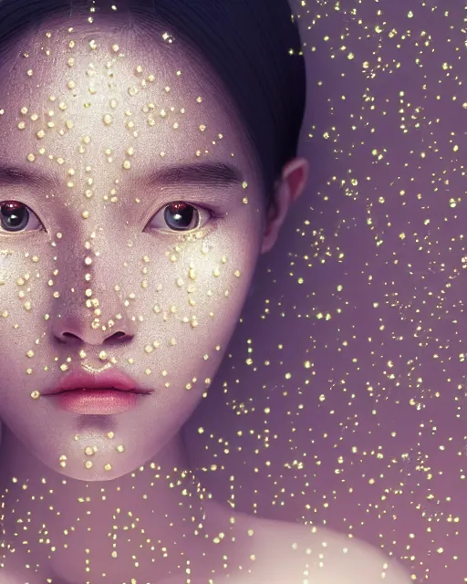 Prompt: pearl skinned girl, golden droplets on her face, casual clothes, chessboard pattern, she is looking up, intricate, crystal eyes, perfect face, atmosphere, glowing, radiant, dancing in the mud, cinematic lighting, high quality, perfect, 8 k high detail, masterpiece, trending on artstation, by seunghee lee, chengwei pan