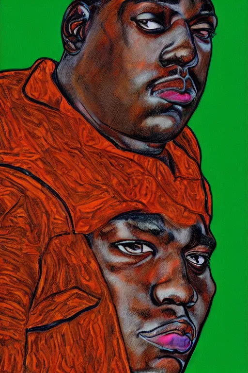 Image similar to a portrait of biggie small in style of egon schiele, masterpiece, hyperdetailed, complex, intricate, 4 k, trending on artstation