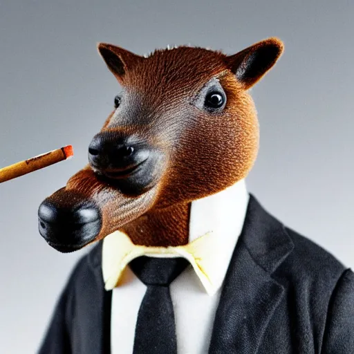 Image similar to a high detail photo of an antropomorphic capybara wearing a suit smoking a cigarrette, subject= duck, subject detail: wearing a suit, subject action: smoking a cigarrette photorealism