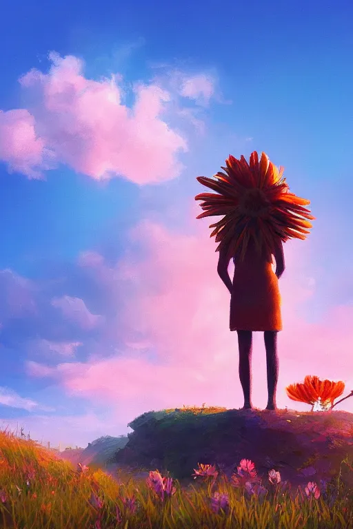 Image similar to closeup, giant flower head, girl standing on cliff, surreal photography, sunrise, blue sky, dramatic light, impressionist painting, digital painting, artstation, simon stalenhag