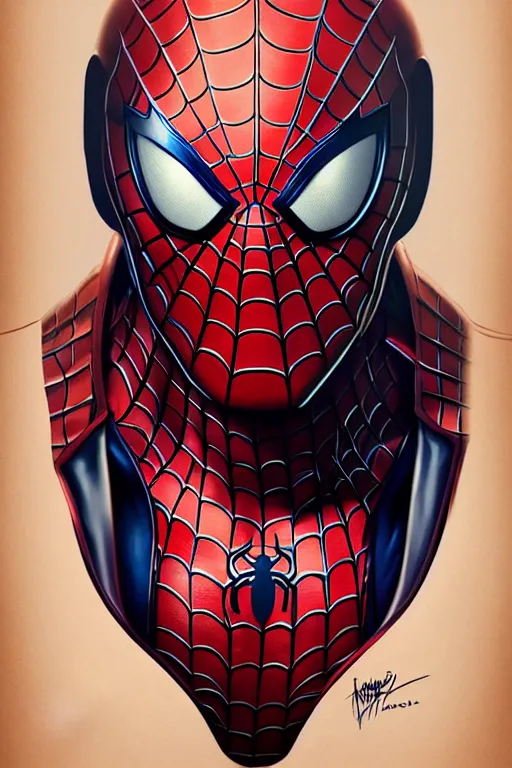 Image similar to elon musk in spider man suit, marvel character, realistic portrait, symmetrical, highly detailed, digital painting, artstation, concept art, smooth, sharp focus, illustration, cinematic lighting, art by artgerm and greg rutkowski and alphonse mucha