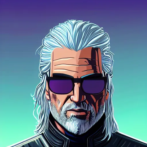 Image similar to 3 / 4 view closeup portrait of geralt of rivia with light blue shutter shades in front of a sunset, a dark purple leather jacket, vector art by jan tengnagel, pixabay contest winner, retrofuturism, retrowave, synthwave, outrun, portrait, synthwave