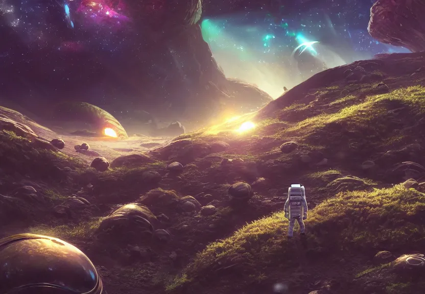 Image similar to a astronaut walking on a alien planet with alien plants and animals and a giant galaxy appearing in the sky, digital art, anime style, 8K HDR, octane render, unreal engine 5, path tracing, breathtaking landscape, cinematic lighting, trending on Artstation, high quality, highly detailed, trending on DeviantArt, concept art