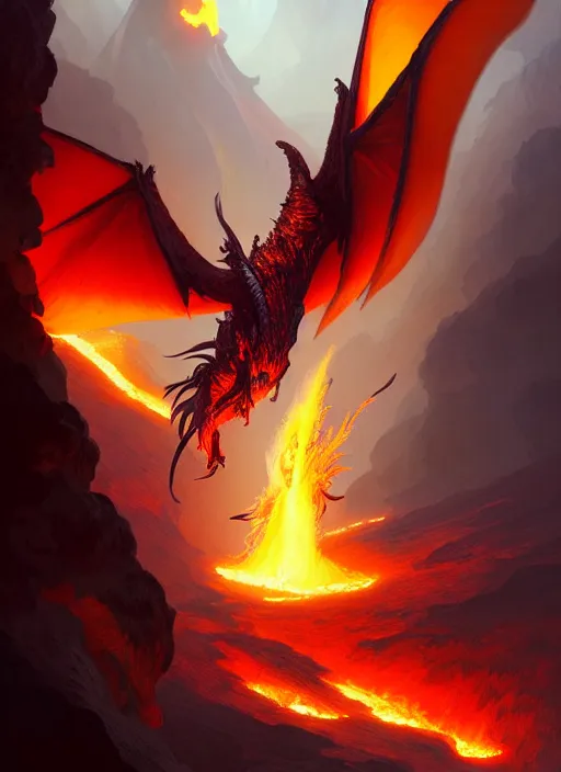 Image similar to Fire wyvern, Volcano landscape, fantasy magic, dark light night, sharp focus, illustration, highly detailed, digital painting, concept art, matte, art by WLOP and Artgerm and Greg Rutkowski and Alphonse Mucha