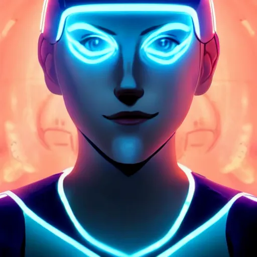 Image similar to Annie Leonhart in a Tron movie, atmospheric photo, beautiful face, cute, realistic skin, beautiful eyes