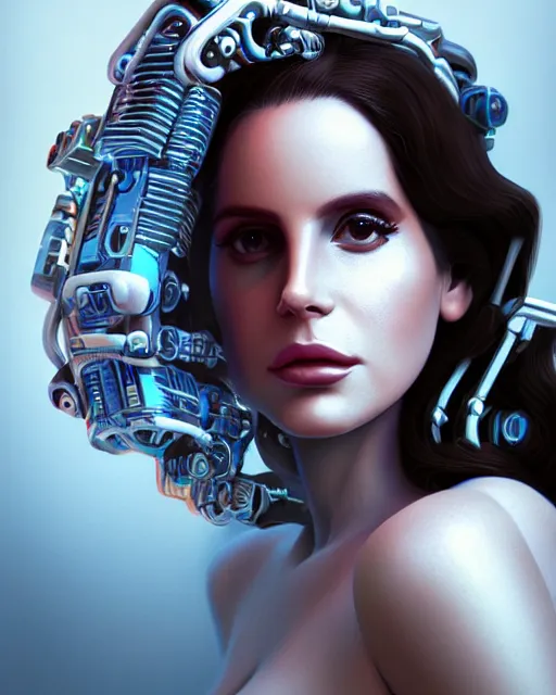 Image similar to portrait of lana del rey as a cyborg. intricate abstract. intricate artwork, by tooth wu, wlop, beeple, dan mumford. concept art, octane render, trending on artstation, greg rutkowski very coherent symmetrical artwork. cinematic, key art, hyper realism, high detail, octane render, 8 k, iridescent accents