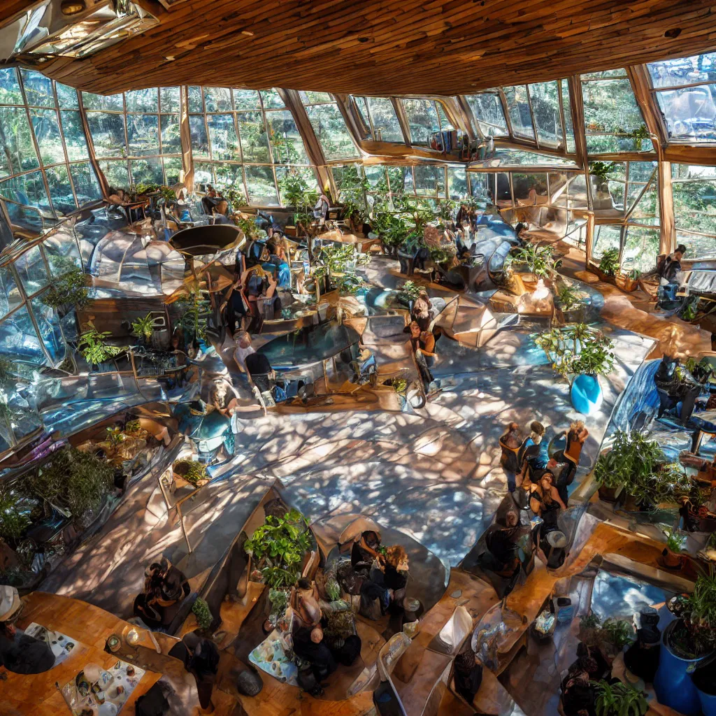 Prompt: inside luxurious earthship cafe with sunken lounge and indoor garden with skylights, barista and artist painting an alex grey mural on the wall, XF IQ4, 150MP, 50mm, F1.4, ISO 200, 1/160s, dawn