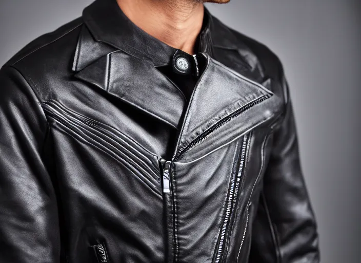 Image similar to product still of Black Panther signature leather jacket, black with silver panther teeth accents, 85mm f1.8