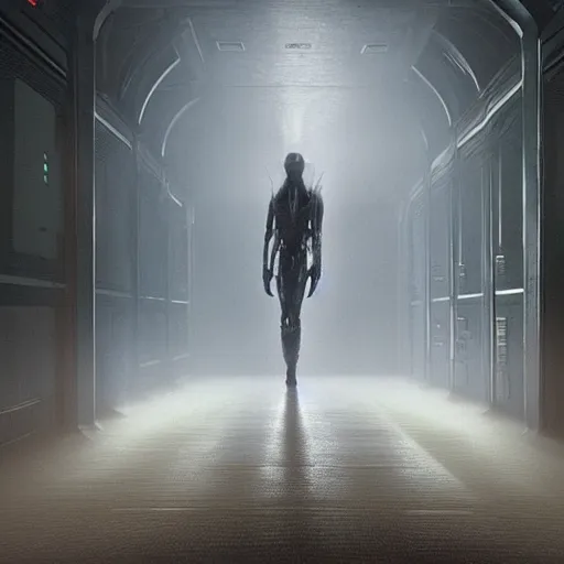 Image similar to xenomorph walking through a tight corridor in the movie alien, exposed tubes, mysterious atmospheric lighting, matte painting, intricate, iridescent, volumetric lighting, beautiful, rich deep colours masterpiece, fog golden hour, golden ratio, sharp focus, ultra detailed, by leesha hannigan, ross tran, thierry doizon, kai carpenter, ignacio fernandez rios