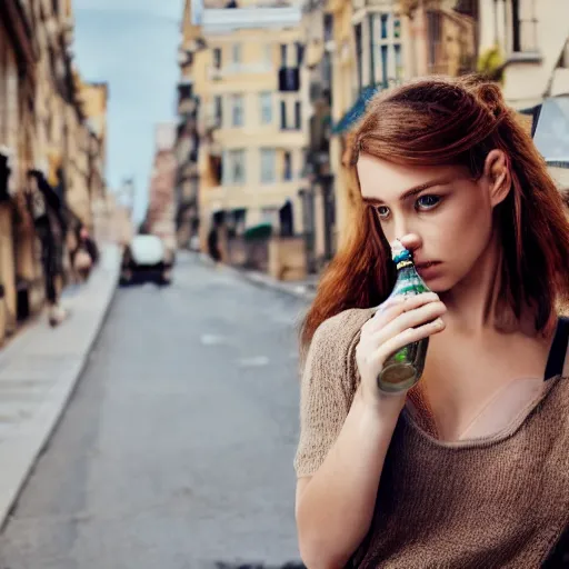 Image similar to photograph of woman holding a bottle in street, fashion shoot, award winning, kodak, 4 k, realistic intricate detail, hyper detail, woman very tired, full body potrait holding bottle, hazel green eyes, realistic, highlydetailed, natural, masterpiece, sharp focus, jennysaville