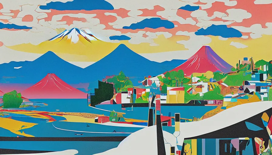 Image similar to award winning graphic design poster, cutouts constructing an contemporary art depicting a lone mount fuji in the distance behind a mountain range isolated on white, a ramen bowl full of rural splendor, bountiful crafts, local foods, edgy and eccentric abstract cubist realism, composition confined and isolated on white, mixed media painting by Leslie David and Lisa Frank for juxtapose magazine