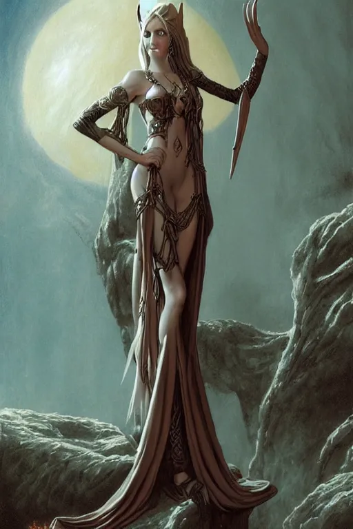 Image similar to a gorgeous female elven priest in a revealing dress, grimdark fantasy detailed digital matte painting by Gerald Brom