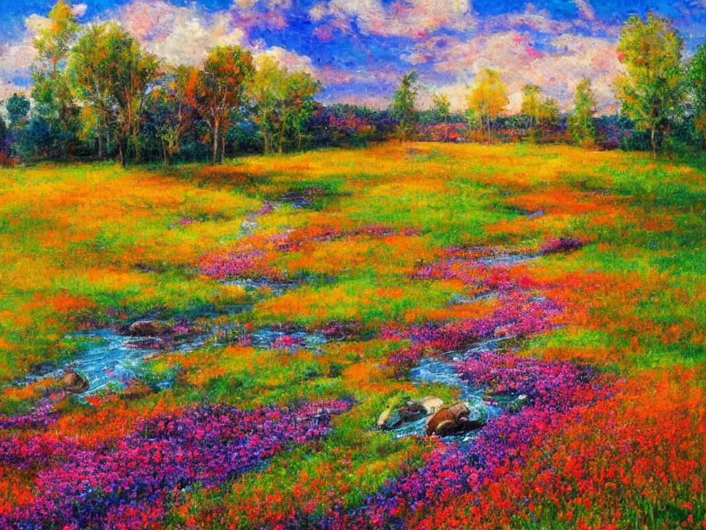 Image similar to an impressionist painting of a gorgeous meadow filled with colorful mushrooms with a stream flowing through it, psychedelic colors, colorful sky in background, high detail, trending on artstation