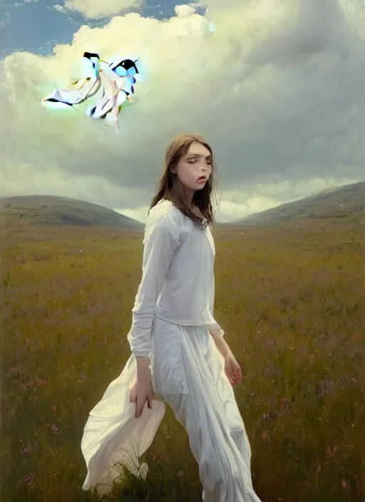 Image similar to portrait of a girl dressed in white clothes chasing flying whales, countryside, calm, fantasy character portrait, dynamic pose, above view, sunny day, thunder clouds in the sky, artwork by Jeremy Lipkin and Giuseppe Dangelico Pino and Michael Garmash and Rob Rey, very coherent asymmetrical artwork, sharp edges, perfect face, simple form, 100mm