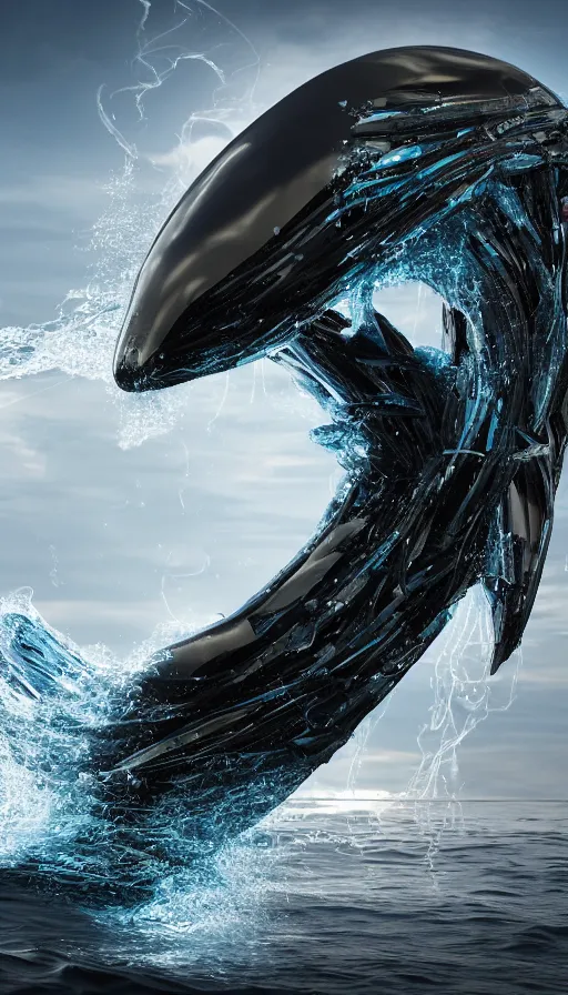 Image similar to color pentax photograph of a biomechanical orca spirit emerging from the sea, made up of bits of plastic and skin and metal, shiny, wet, made of nanomaterials, metallic, solarpunk, post apocalyptic, hyper realistic, epic angle, octane render, unreal engine render, 8k, super detailed, SLEEK!!