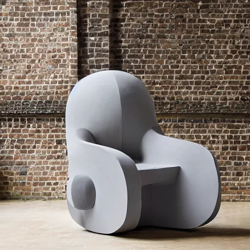 Image similar to an armchair in the shape of an elephant with grey and orange accents designed by antony gormley, advertising photography