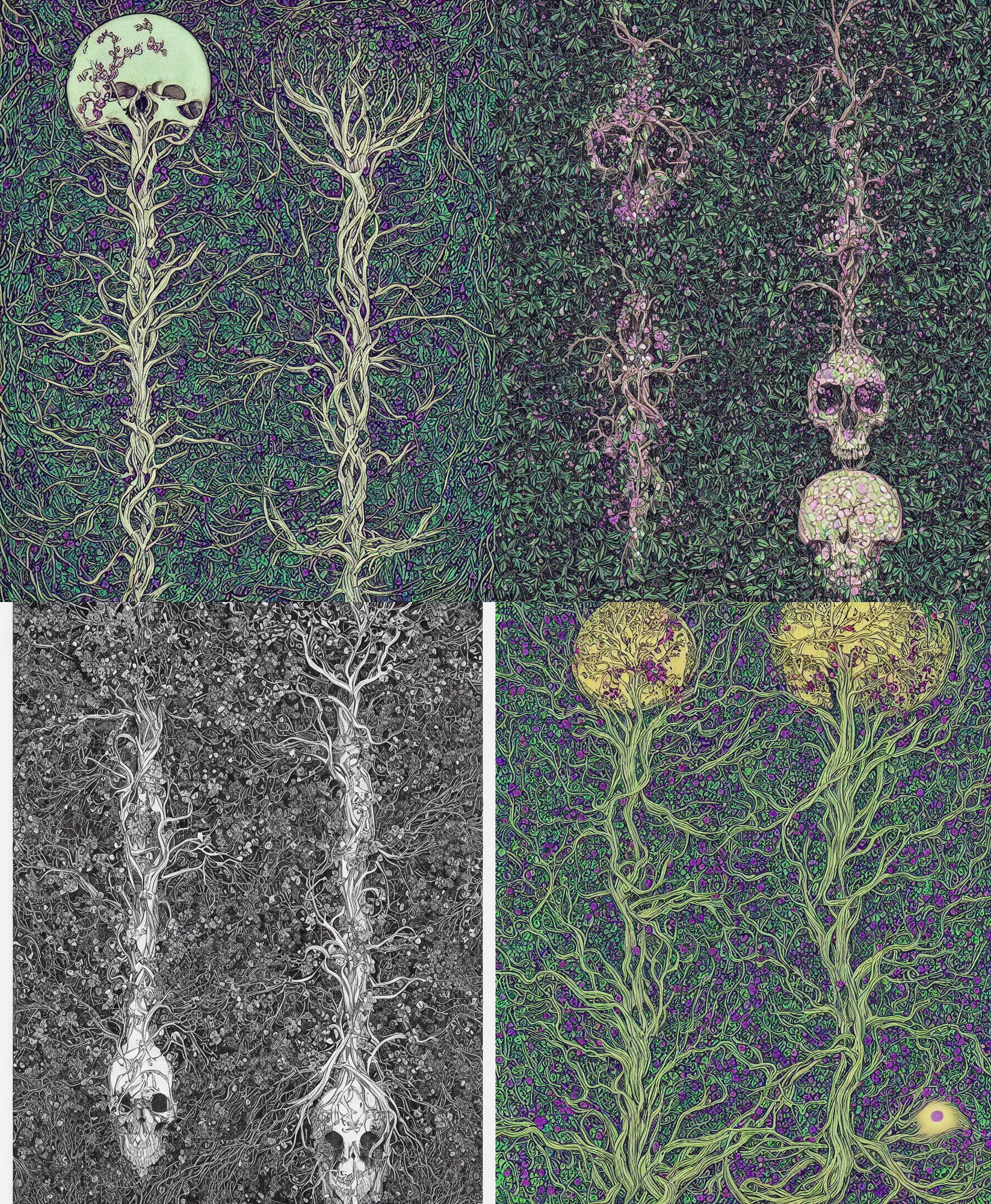 Image similar to the sprout of the tree of life has blossomed beautiful iridescent flowers sprouting from the eye socket of a charred skull. Intricate artwork by Aubrey Beardsley and dan mumford and beeple | iridescent