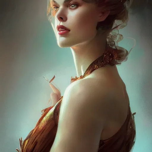 Image similar to portrait of margo Robbie, fantasy, intricate, elegant, highly detailed, digital painting, artstation, concept art, smooth, sharp focus, illustration, art by artgerm and greg rutkowski and alphonse mucha